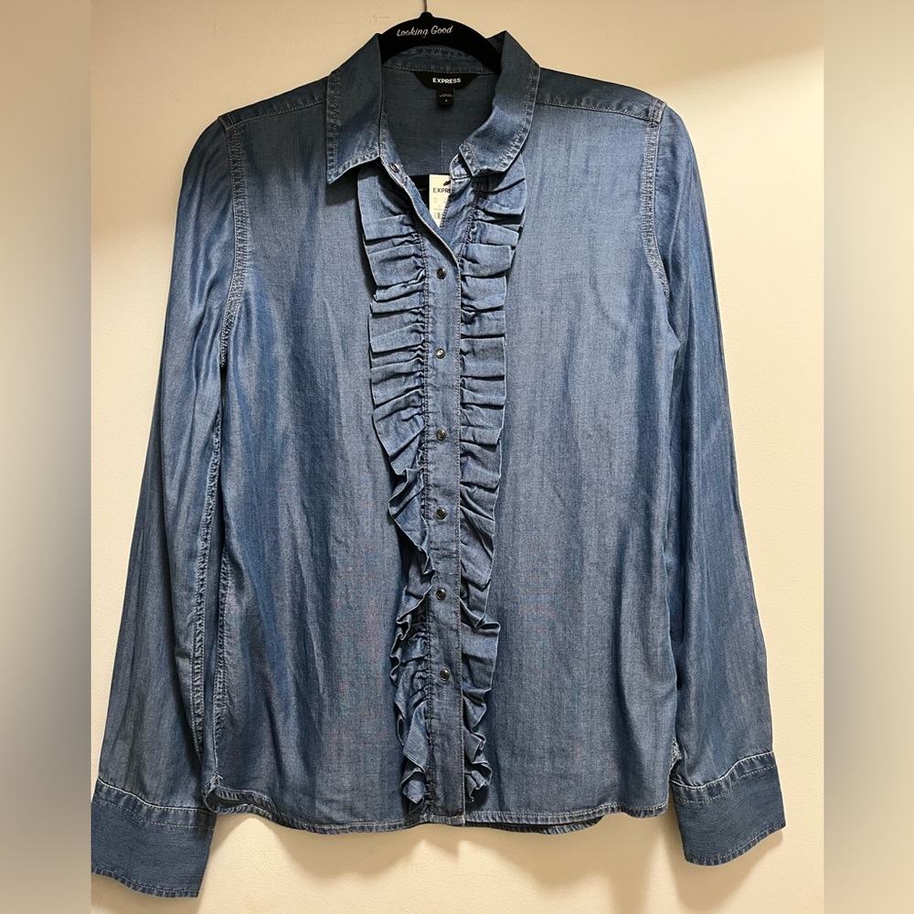 Express Denim Ruffle Front Button-Down Shirt - Blue